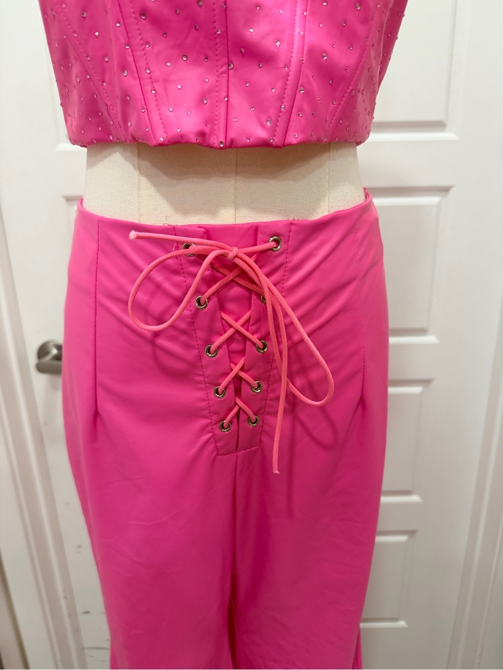Windsor Hot Pink Lace-Up Wide Leg Rhinestone 2PC Pant Set - Picture 3 of 10